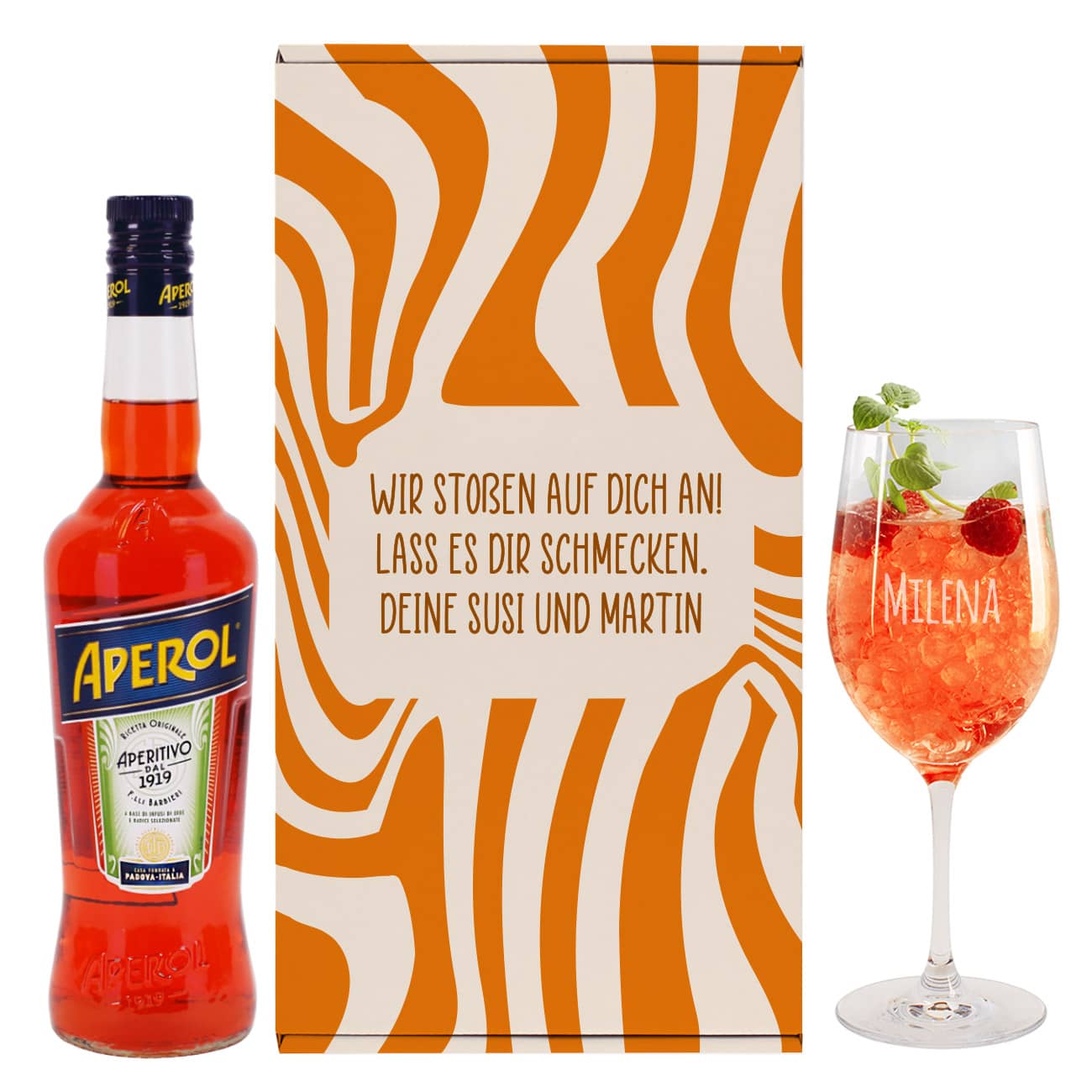 Geschenkset mit Weinglas und Aperol mit Wunschtext und Name graviert