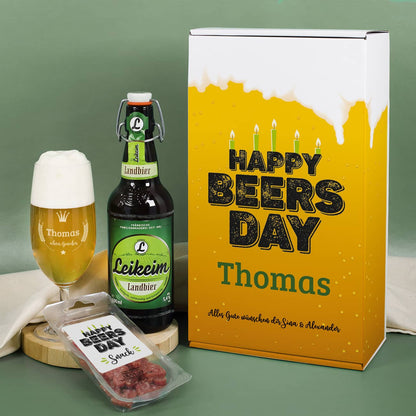 Happy Beersday - Geschenkset zum Geburtstag mit Pilstulpe, Bierflasche und Salami-Herzen