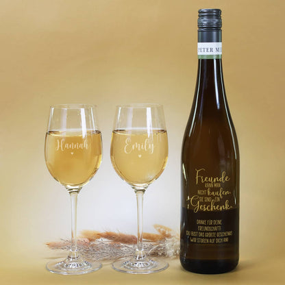 Freunde sind ein Geschenk - Wein Geschenkset mit gravierter Weinflasche und zwei Weingläsern