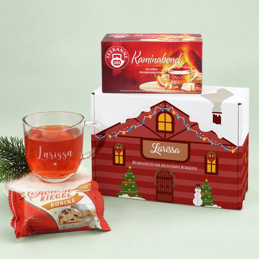 Personalisierte Geschenkbox mit Teeglas, Tee und Stollen Riegel
