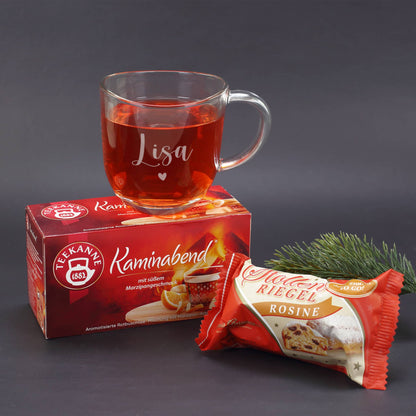 Teeglas mit Namensgravur, Tee Kaminabend & Stollenriegel