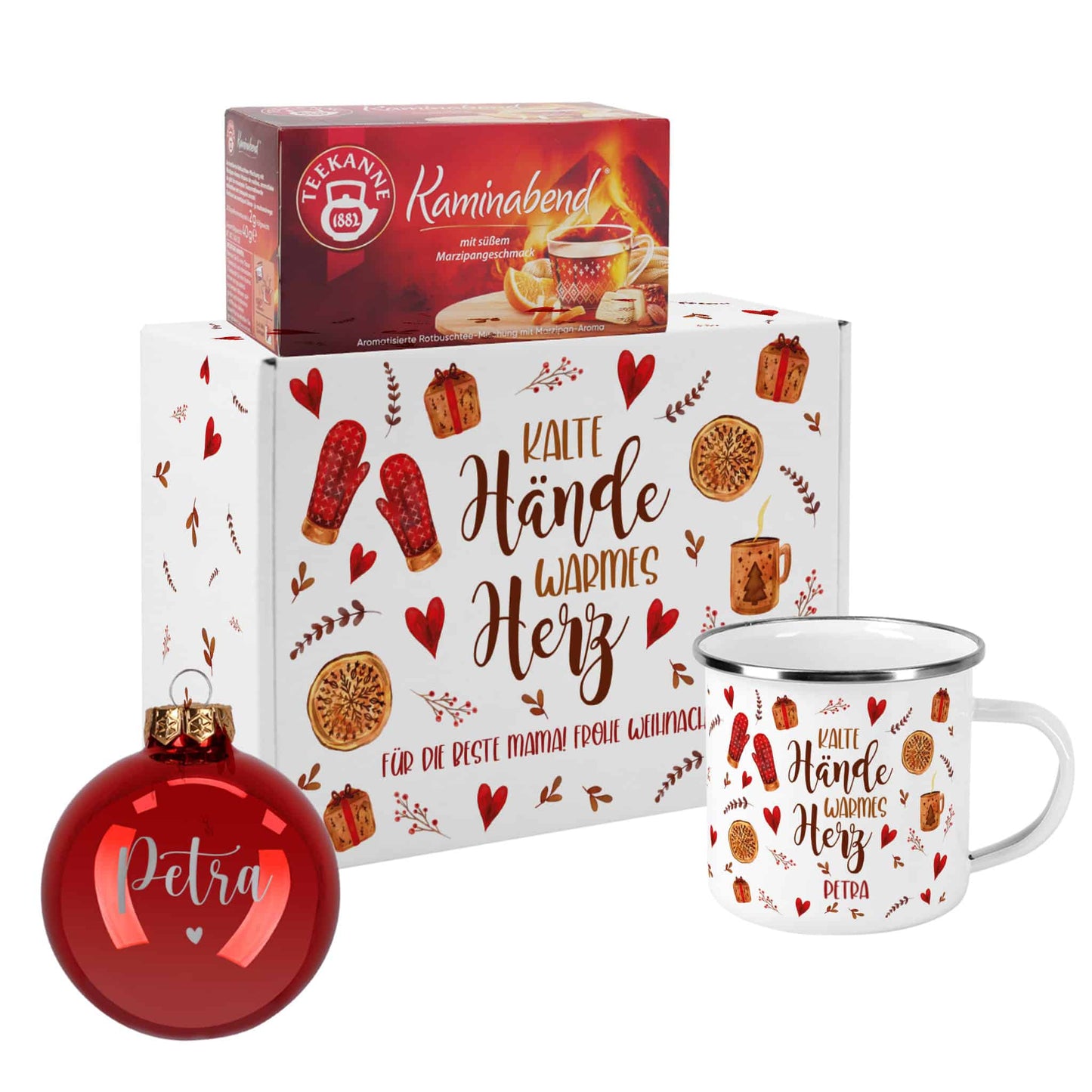 Winterliches personalisiertes Geschenkset zu Weihnachten mit Emailletasse, Weihnachtsbaumkugel, Tee und Geschenkbox