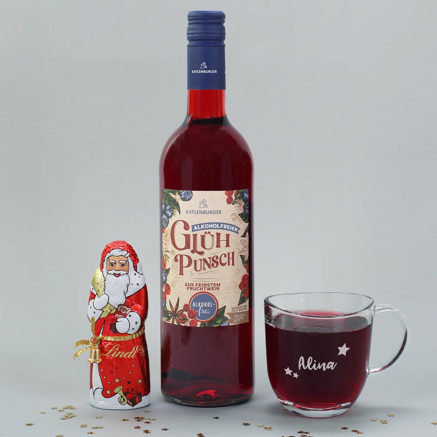 Flasche alkoholfreier Glühpunsch, graviertes Glühweinglas & Lindt Schokoweihnachtsmann