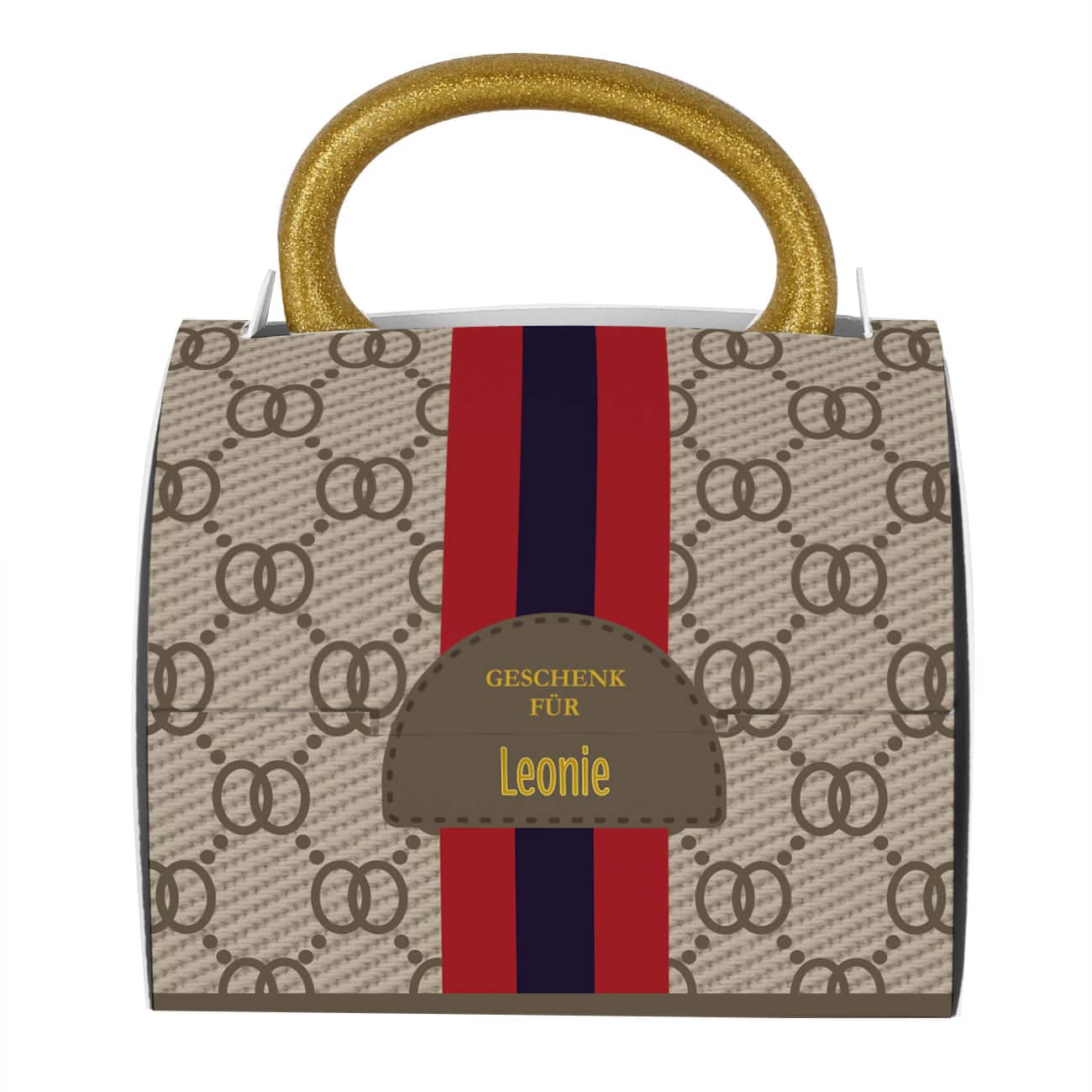 Goldtasse "Du bist Gold wert" mit Name in Tassentasche mit Wunschtext