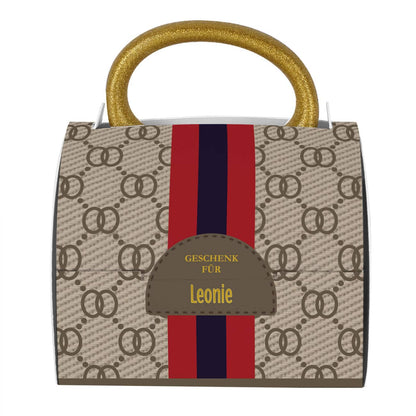 Goldtasse "Du bist Gold wert" mit Name in Tassentasche mit Wunschtext