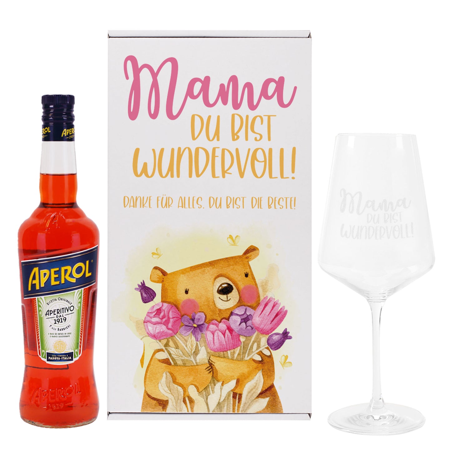 Geschenkset 'Mamabär' zum Muttertag mit Glas & Aperitif nach Wahl - personalisiert