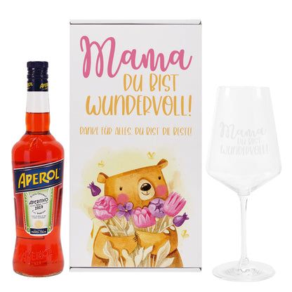 Geschenkset 'Mamabär' zum Muttertag mit Glas & Aperitif nach Wahl - personalisiert