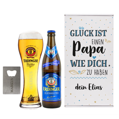 Glück ist, einen Papa wie dich zu haben - Erdinger Biergeschenk mit Glas und Öffner