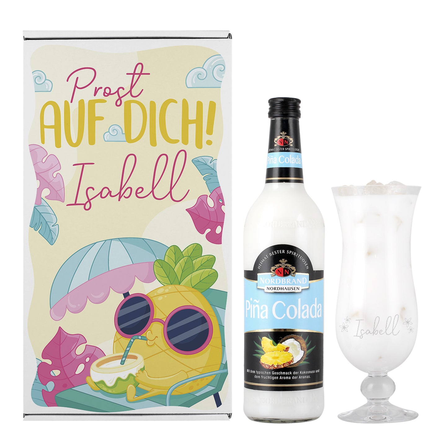 Freigestelltes Produktfoto: Geschenkbox, Glas und Flasche auf weißem Hintergrund