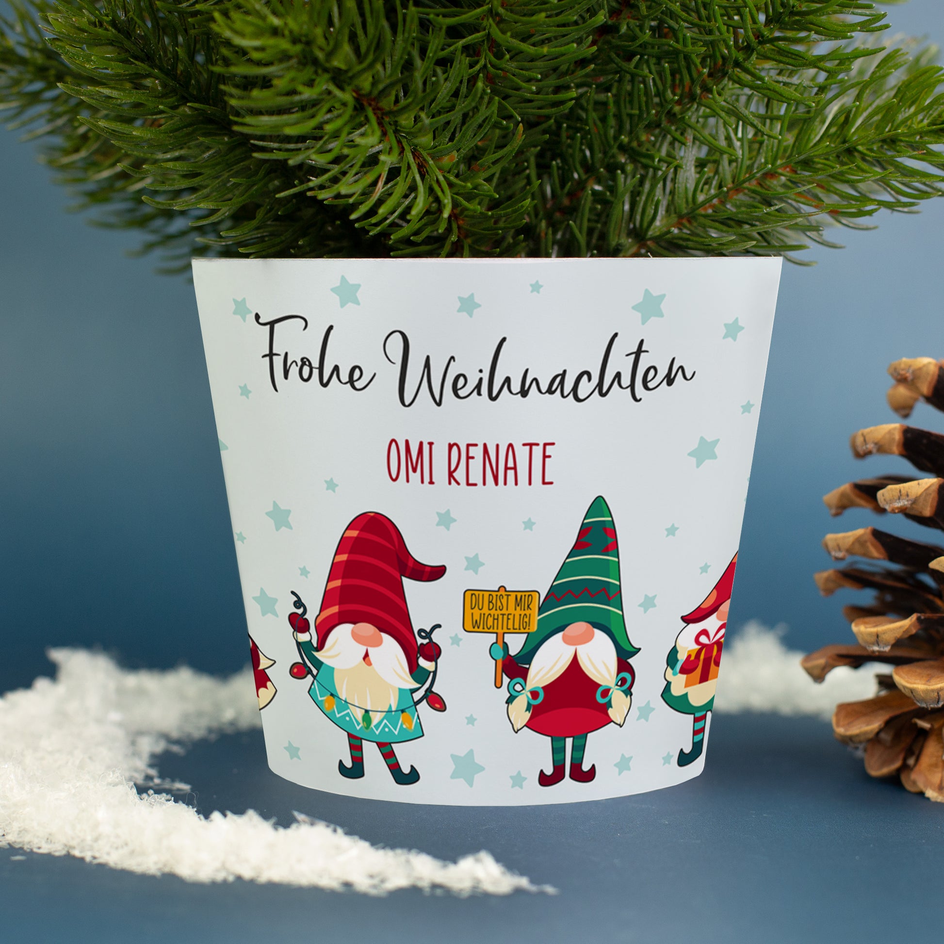 Detailansicht der Banderole mit Wichtel-Motiv und personalisiertem Weihnachtsgruß