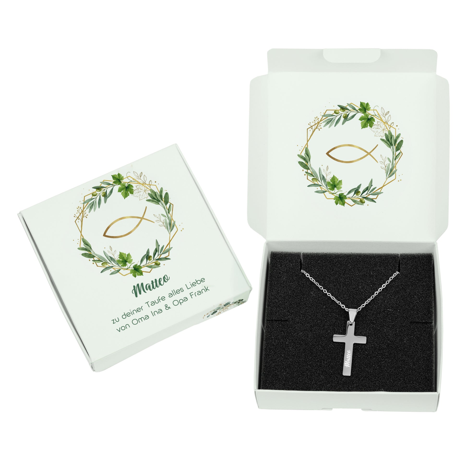 Personalisierte Kreuzkette mit Name in Geschenkbox zur Taufe
