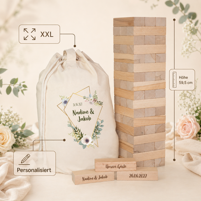 Produktbild vom personalisierten XXL Wackelturm Gästebuch mit Seesack, Hinweis auf XXL Format, Höhe 59,5 cm und Personalisierung