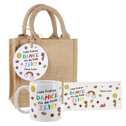 Komplettes Geschenkset mit Jutetasche, Tasse und Schokoladentafel als personalisiertes Dankeschön Geschenk