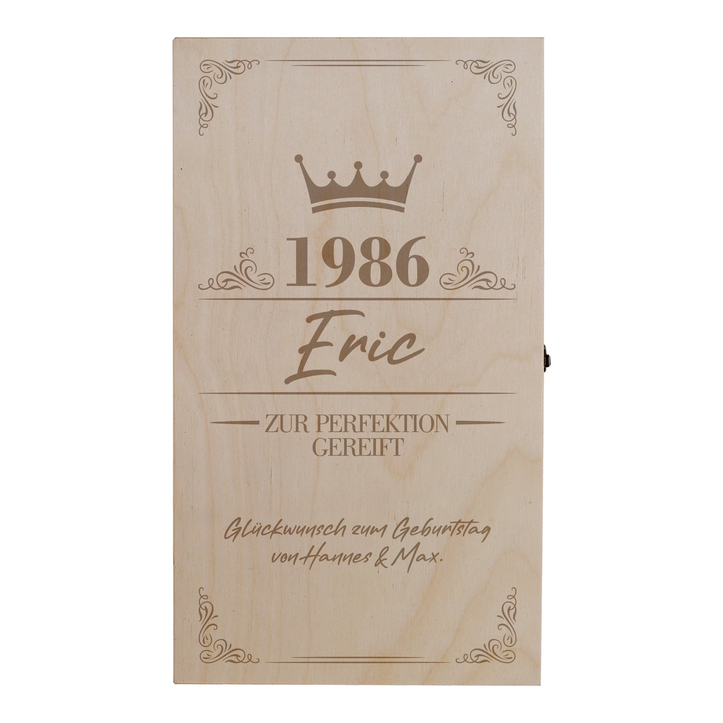 Personalisierte Holzkiste für Glenfiddich Whisky Geschenkset mit Gravur 1986, Name Eric und Wunschtext zum Geburtstag