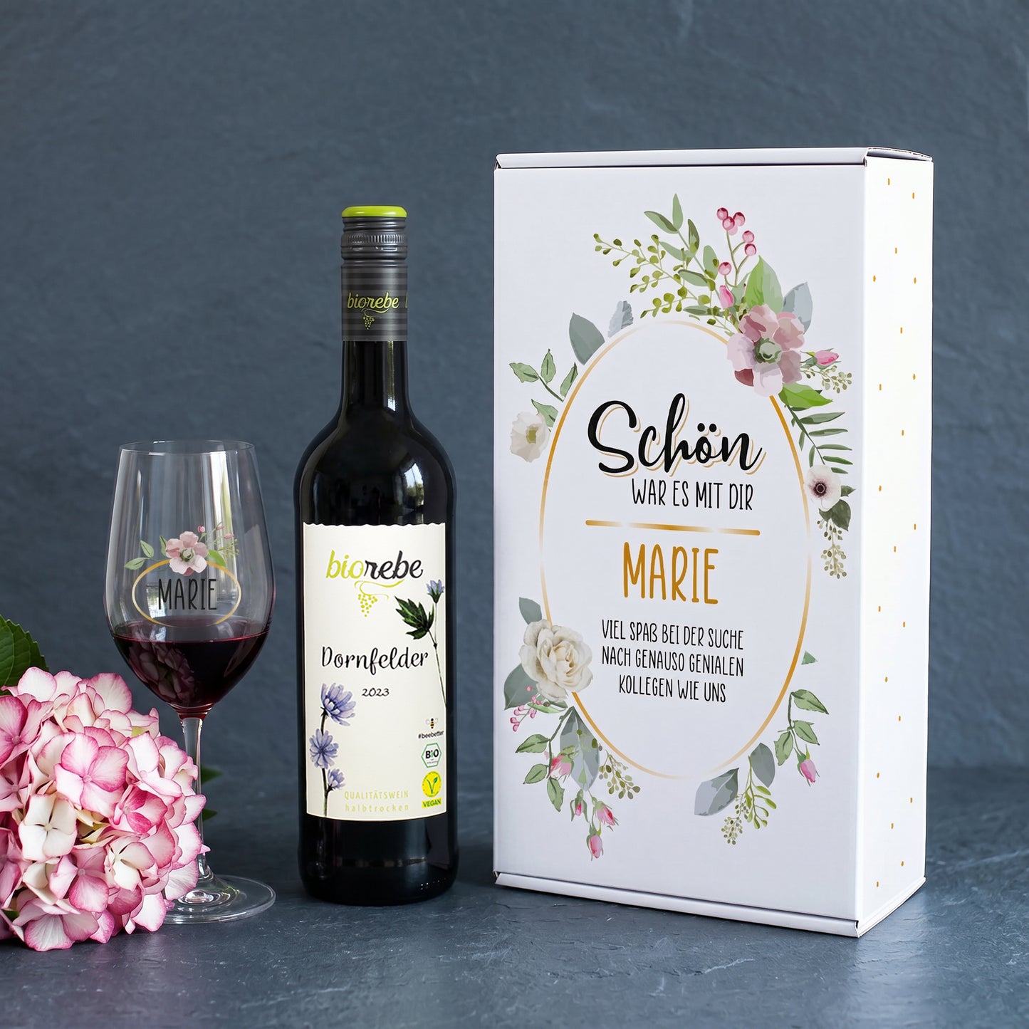 Geschenkset „Schön war es mit dir“ mit Rotwein Dornfelder und Weinglas