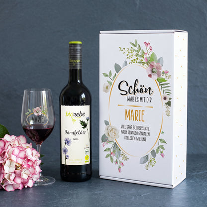 Geschenkset „Schön war es mit dir“ mit Rotwein Dornfelder und Weinglas