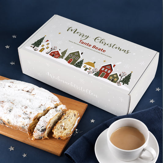 Weihnachtsstollen mit personalisierter Merry Christmas Geschenkverpackung mit Name und Wunschtext