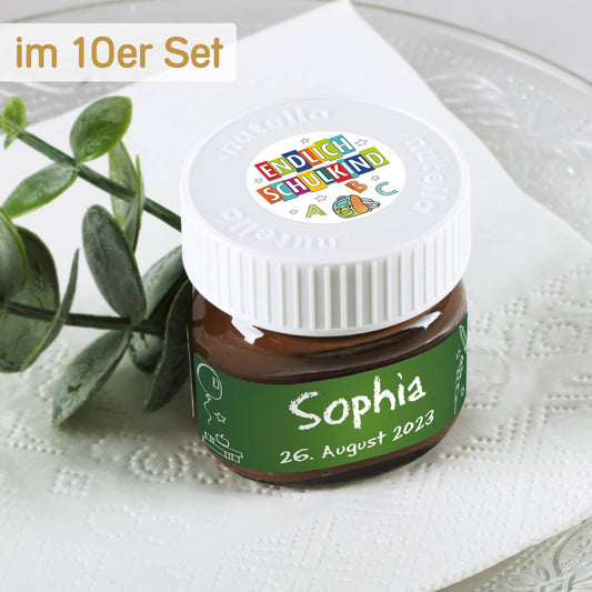 Gastgeschenk zur Einschulung als 10er Set Mini Nutella Gläser personalisiert