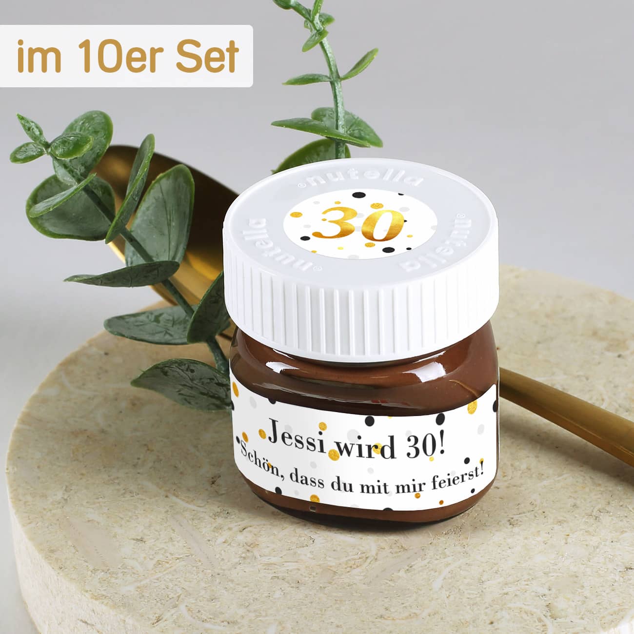 Gastgeschenk zum Geburtstag als 10er Set Mini Nutella Gläser personalisiert
