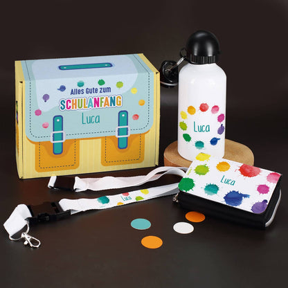 Buntes Geschenkset zur Einschulung mit Trinkflasche, Geldbörse & Schlüsselband