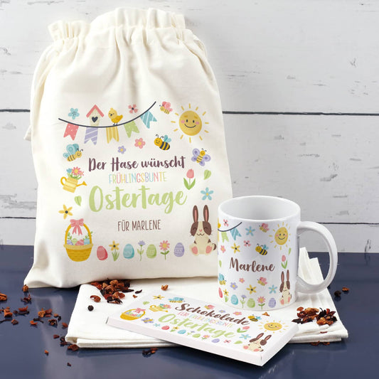 Buntes Ostergeschenkset mit Geschenksack, Tasse und Schokolade