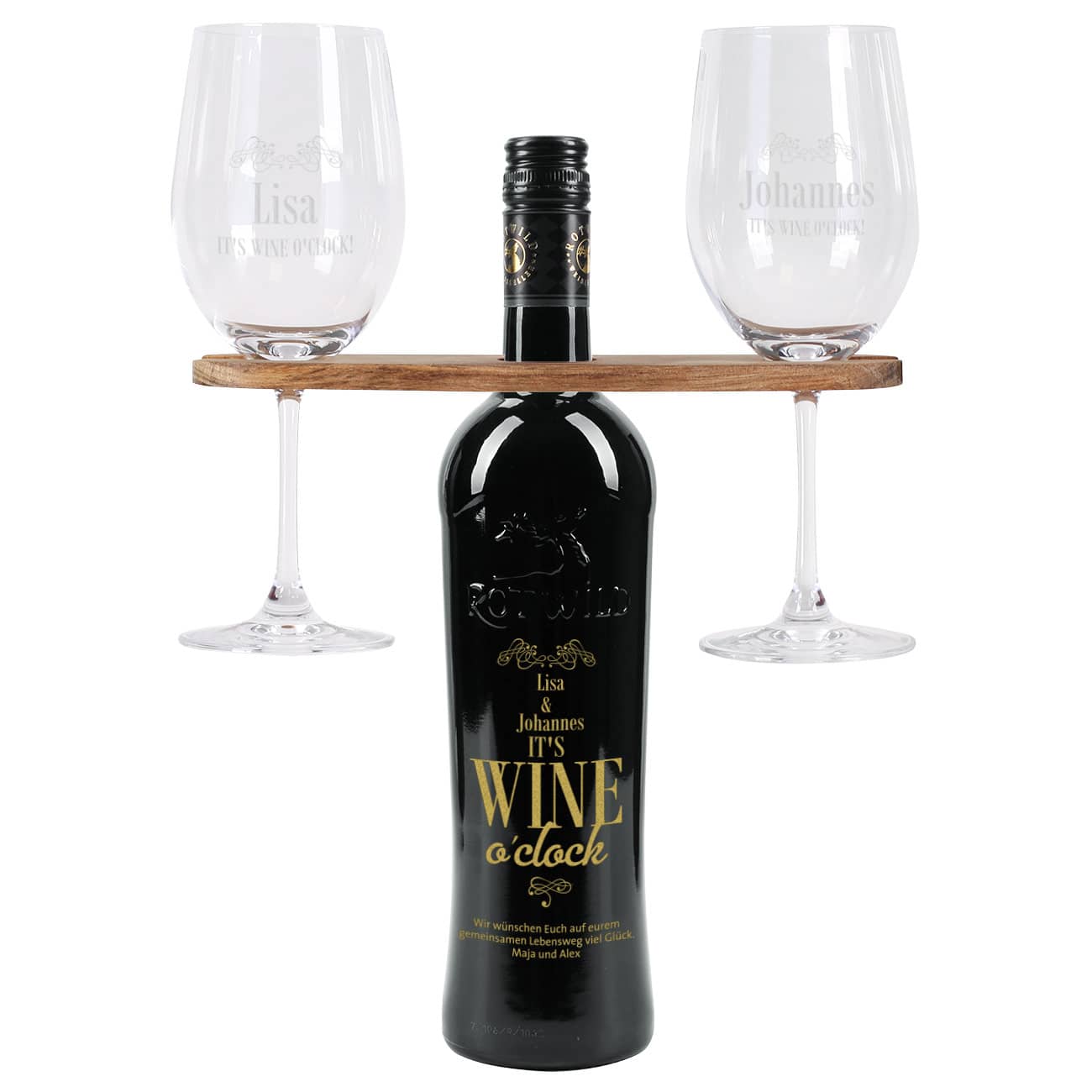 Weingeschenk Set - It`s Wine o`clock! - mit gravierter Weinflasche, Weingläsern und Weinbutler