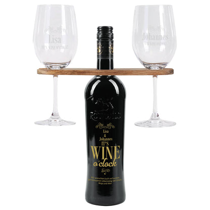 Weingeschenk Set - It`s Wine o`clock! - mit gravierter Weinflasche, Weingläsern und Weinbutler