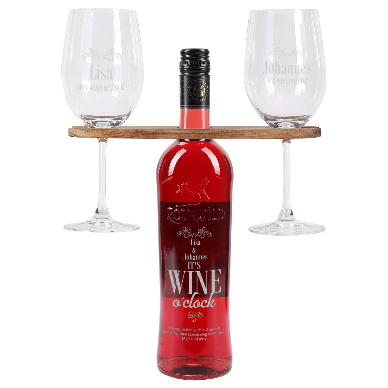 It´s Wine o`clock - Geschenkset mit personalisierter Weinflasche, zwei Weingläsern und Weinbutler