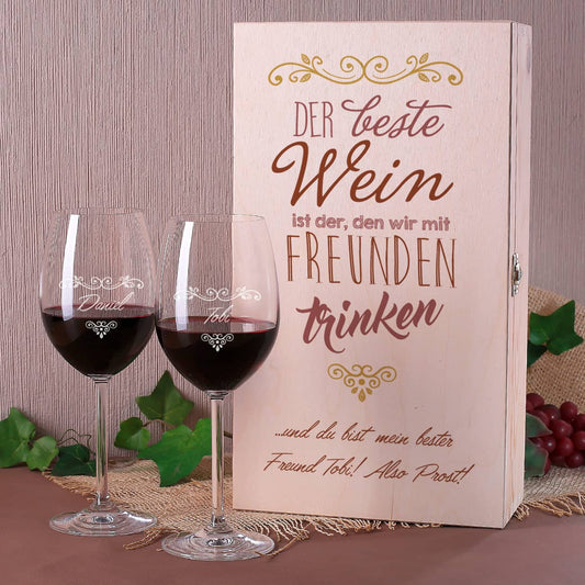 Wein Geschenkset mit Holzbox und zwei Weingläsern