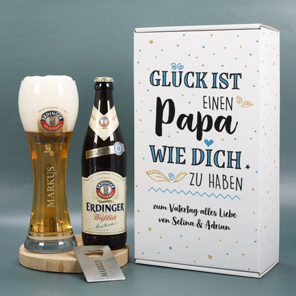 Glück ist, einen Papa wie dich zu haben - Erdinger Biergeschenk mit Glas und Öffner