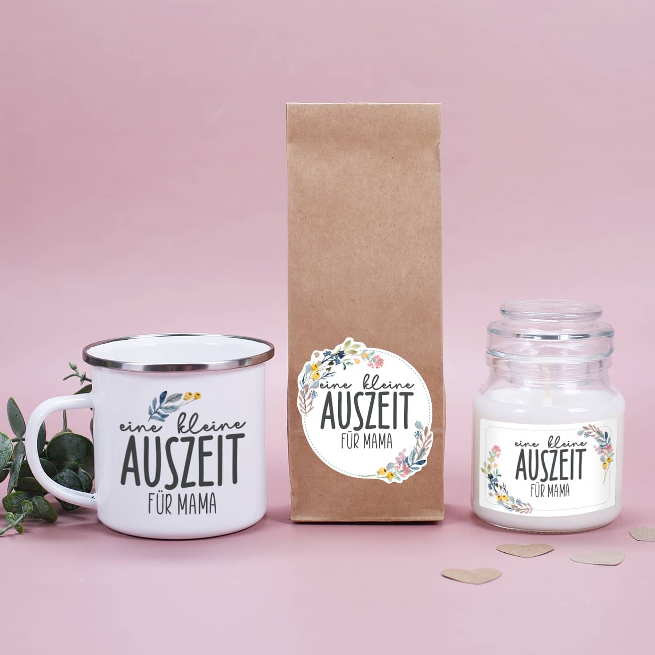 Tasse, Tee und Duftkerze mit Text personalisiert