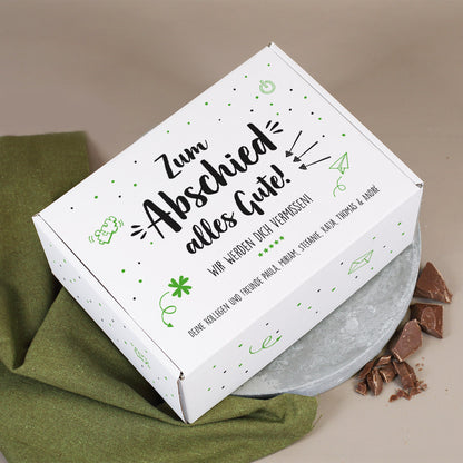 Whisky-Geschenkset zum Abschied mit Glenfiddich, graviertem Glas und Schokolade