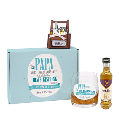 Geschenkset mit personalisierter Geschenkbox und Whiskyglas für Papa zum Vatertag