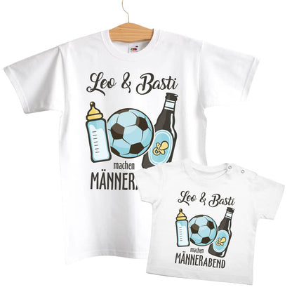 Wunschnamen auf bedrucktem weissen T-shirt für Vater und Sohn Männerabend mit Fussball Bier und Babyflasche