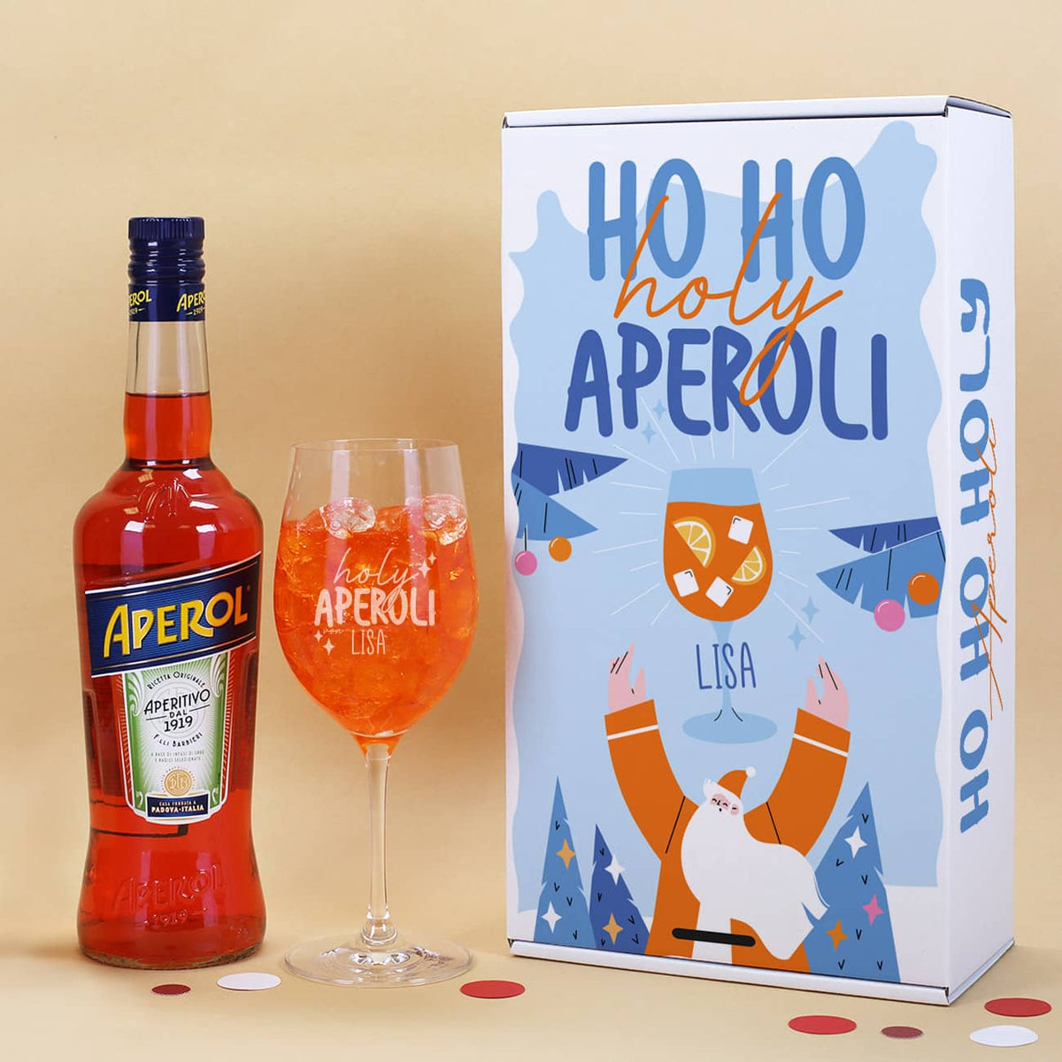 personalisiertes Aperol Geschenk mit Geschenkverpackung, graviertem Glas, einer Seccodose und Aperol