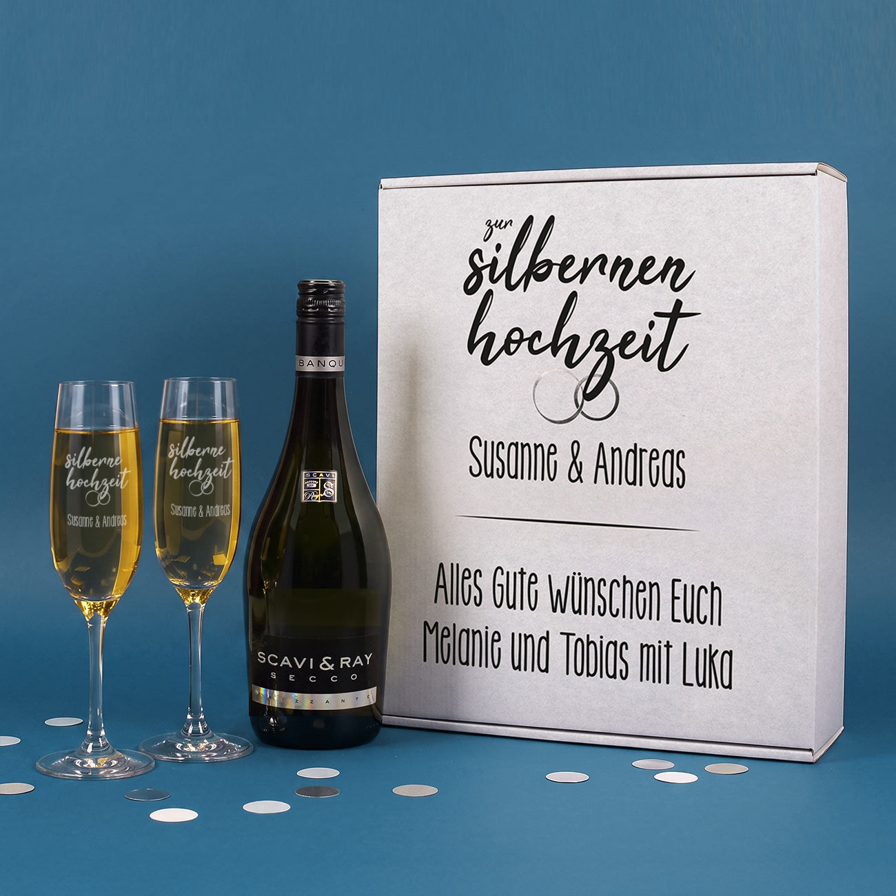 Geschenkset zur Silberhochzeit mit Scavi Ray Seccoflasche, Sektgläser und passender Geschenkbox