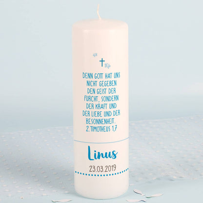 Rückseite der Kerze mit Taufspruch