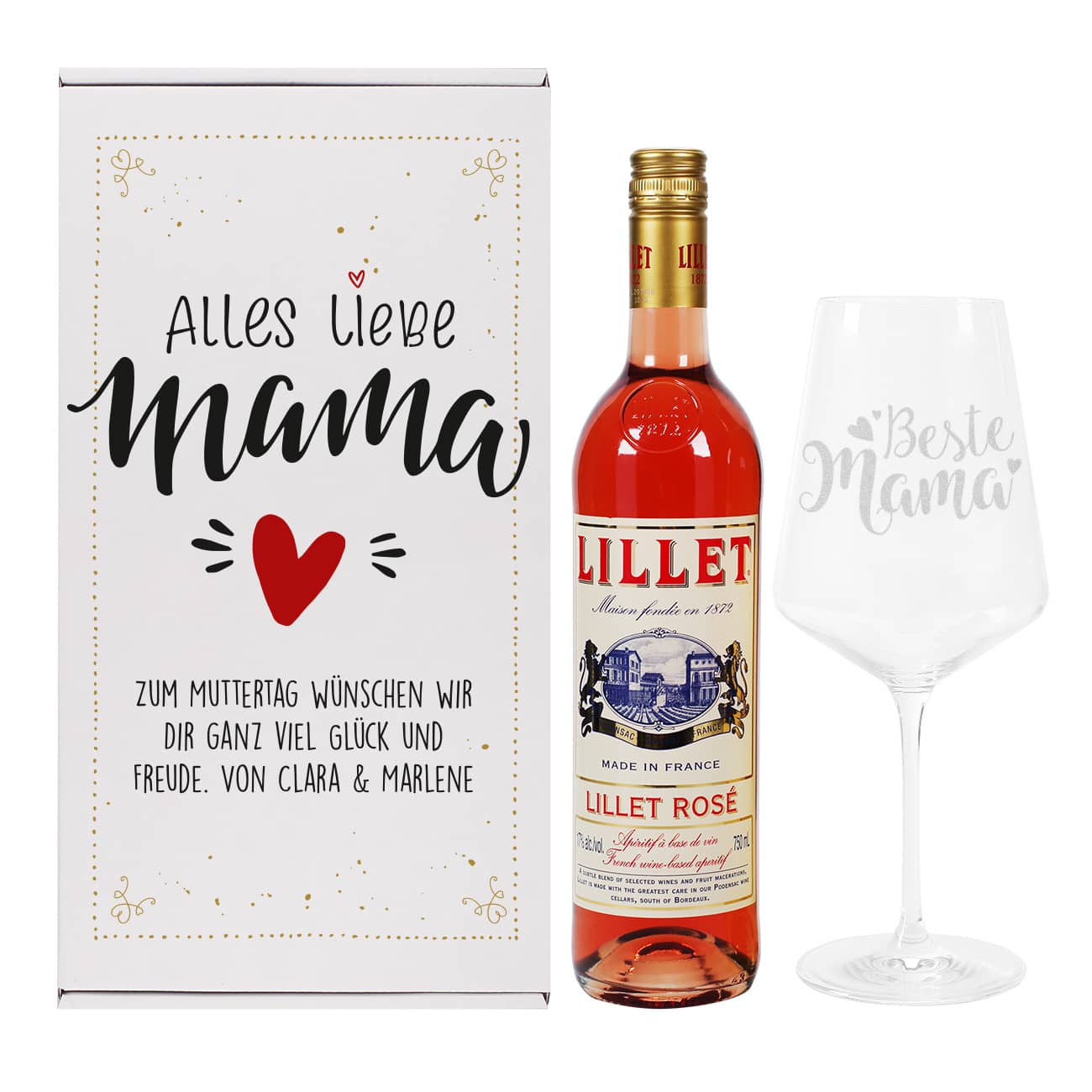 Alles Liebe Mama - Lillet Rosé Präsent zum Muttertag mit gravierten Weinglas