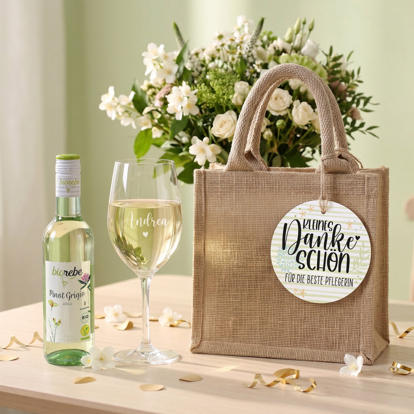 Weißwein Set mit Jutetasche, Name und Wunschtext als kleines Dankeschön