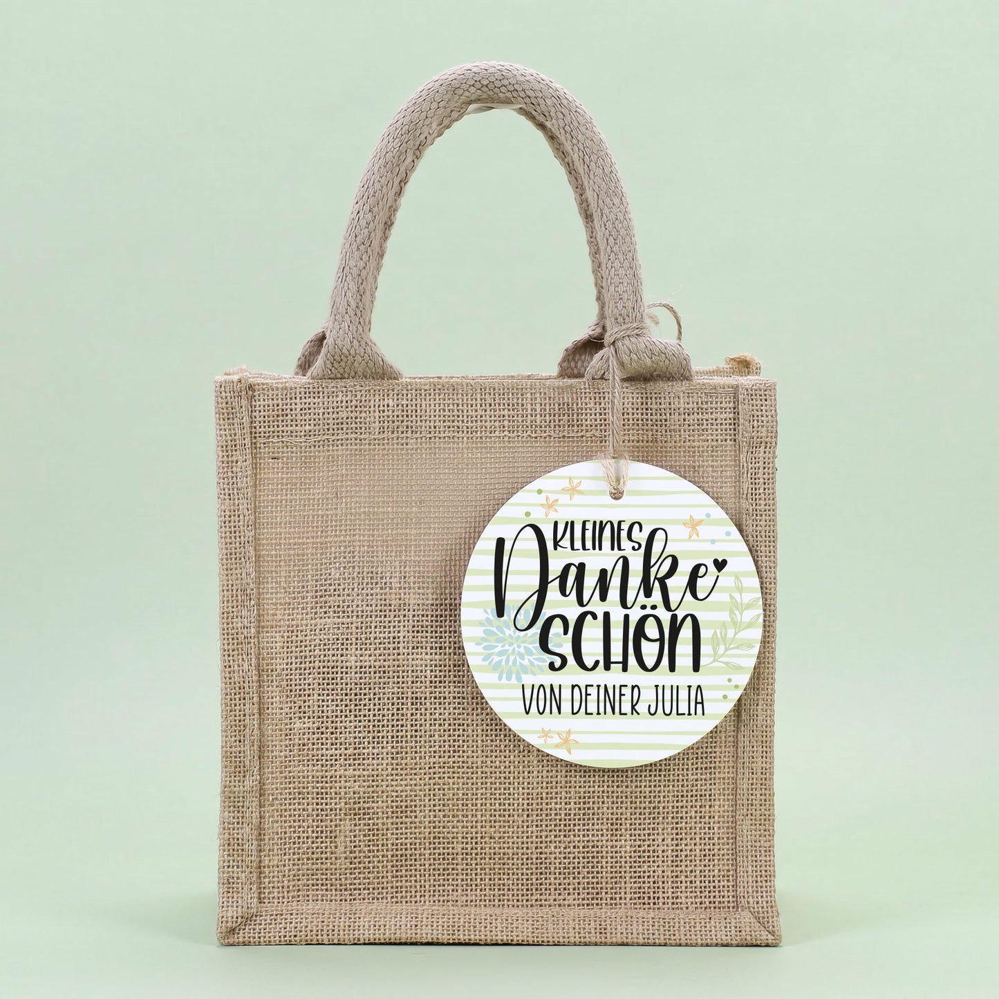 Jutebeutel mit persönlichen Anhänger als kleines Dankeschön