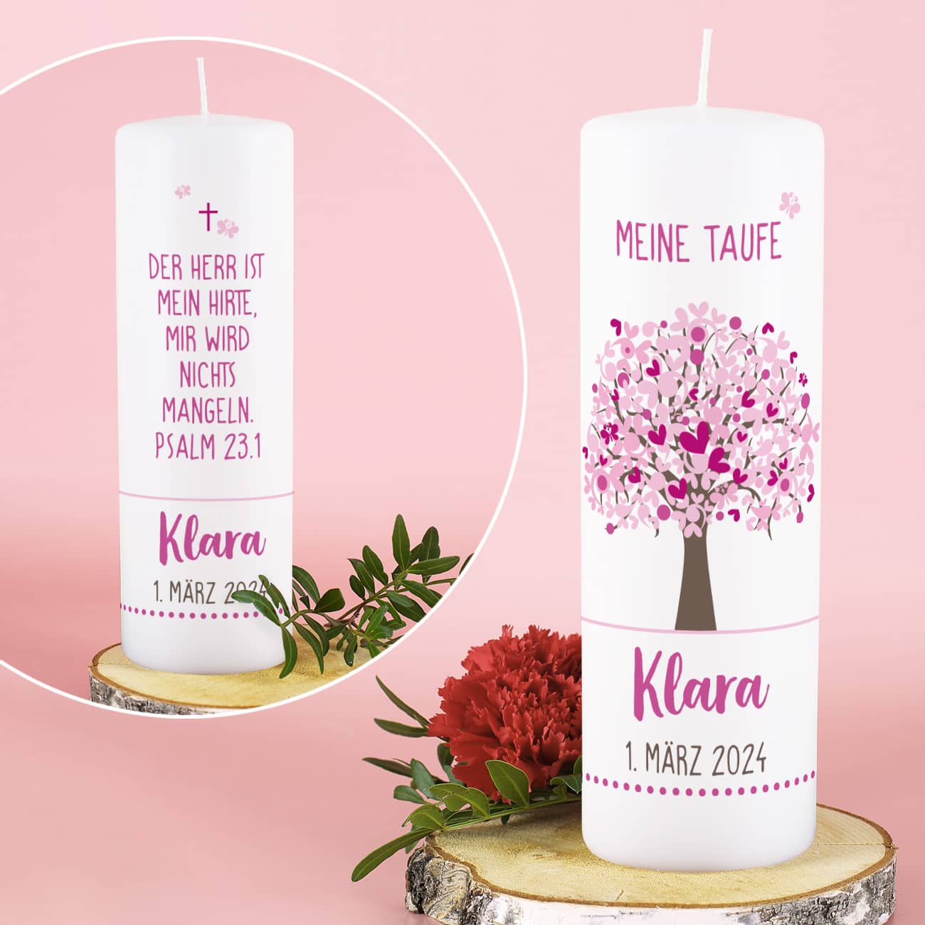 Taufkerze mit rosa Lebensbaum, Name, Datum und Ihrem Wunschtext