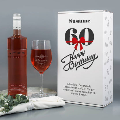 Weinset zum 60. Geburtstag mit graviertem Weinglas in Geschenkbox