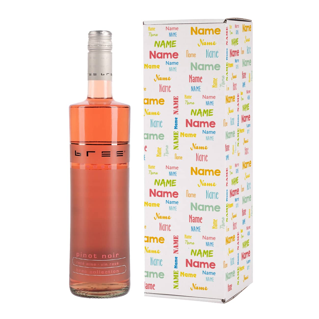 Roséwein mit bunter Pappverpackung mit Name