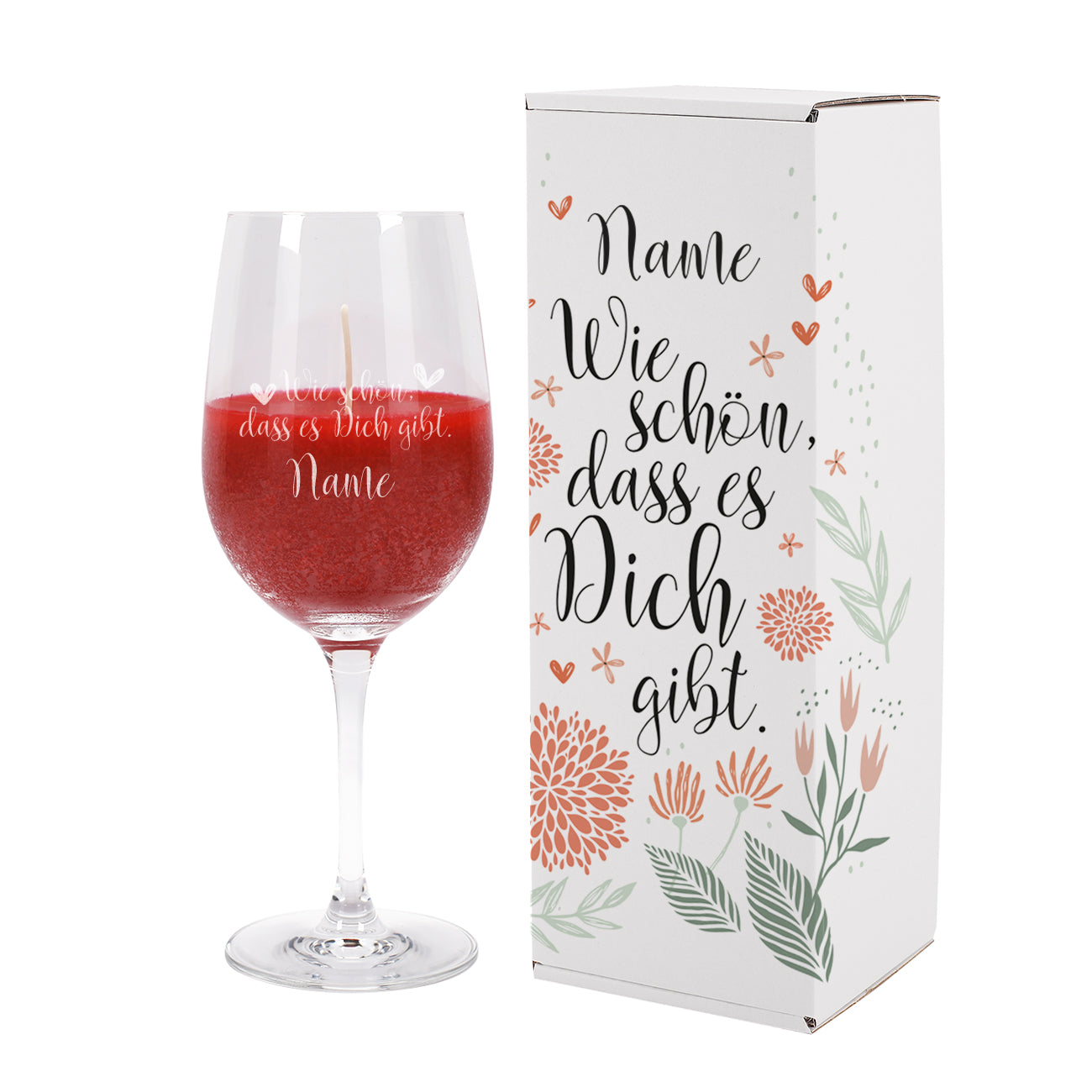 Weinglas mit Duftkerze und Geschenkverpackung mit Name personalisiert