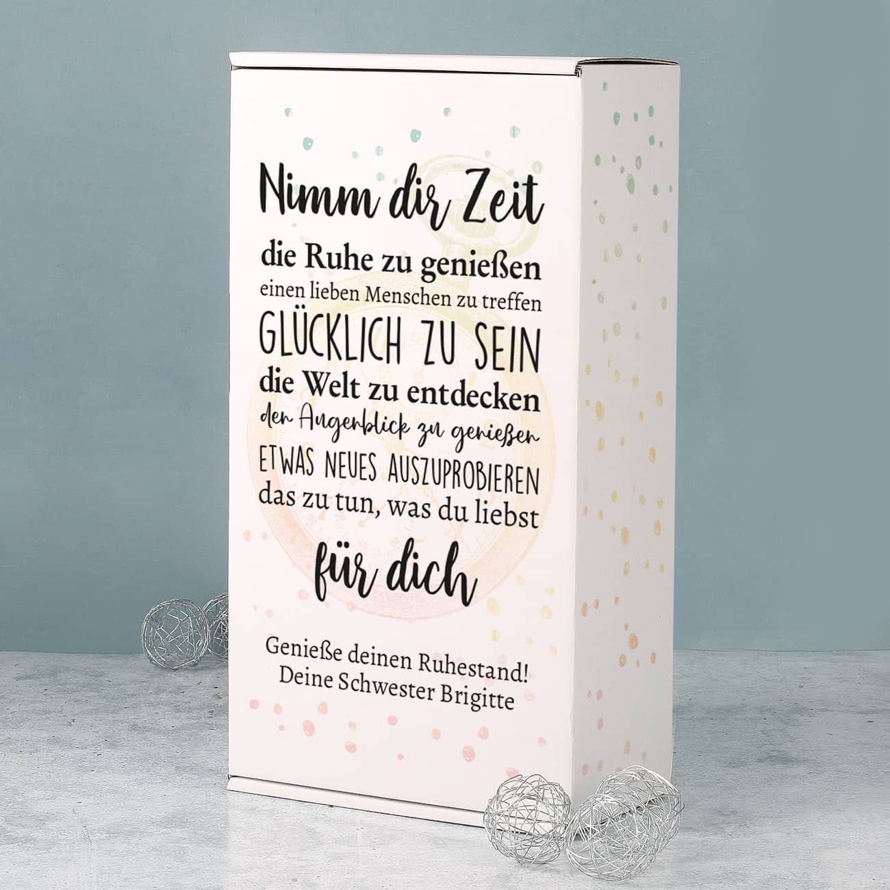 Bedruckte Pappbox "Nimm dir Zeit" mit Wunschtext und guten Wünschen zum Ruhestand