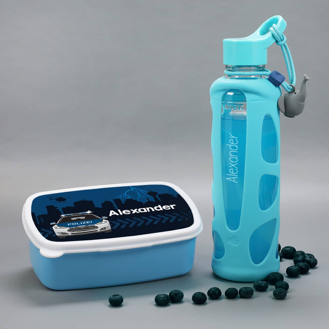 Brotdose und Trinkflasche mit Polizei Motiv und Elefant Anhänger