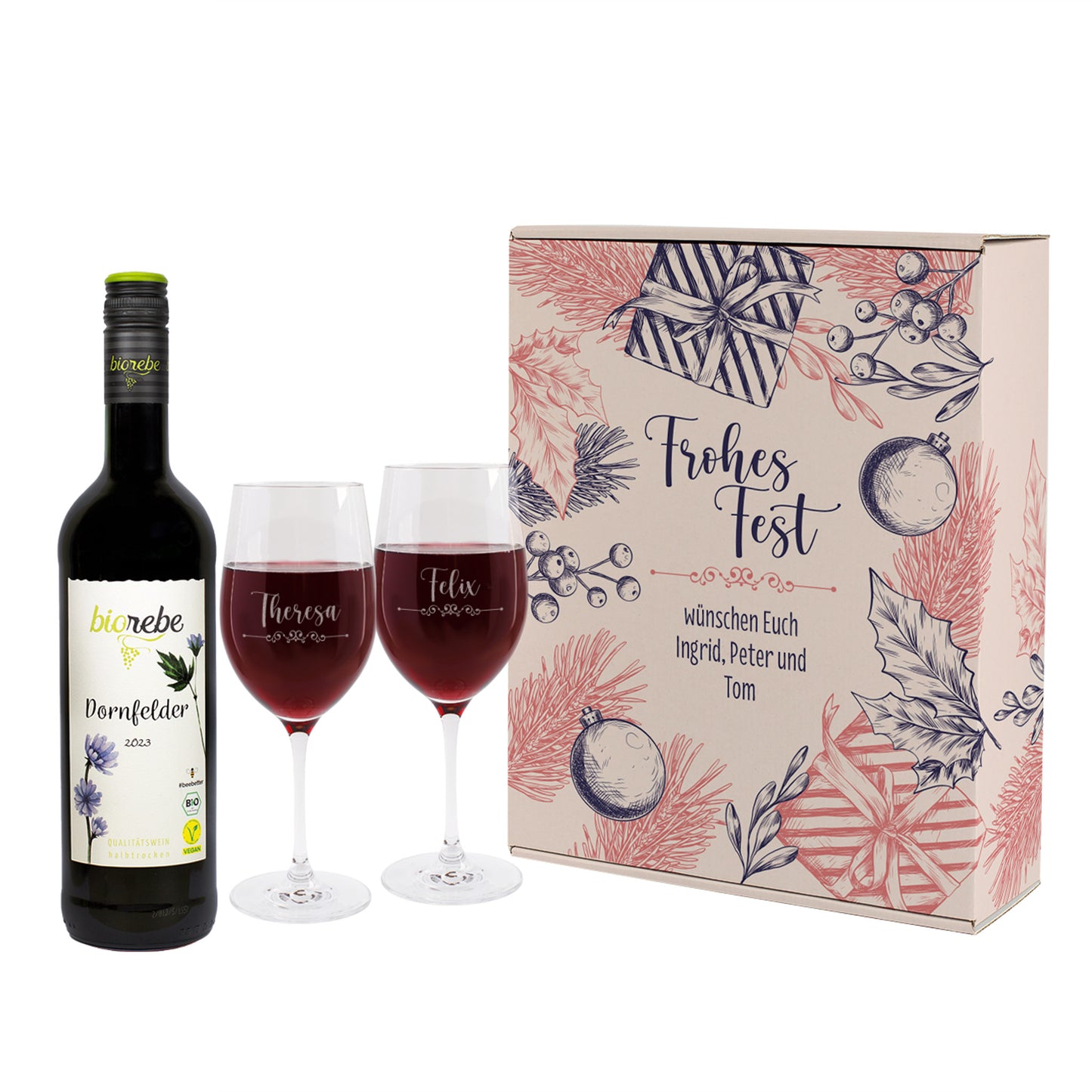 Weihnachts-Geschenkset mit Biorebe Dornfelder, zwei gravierten Weingläsern und Box „Frohes Fest“