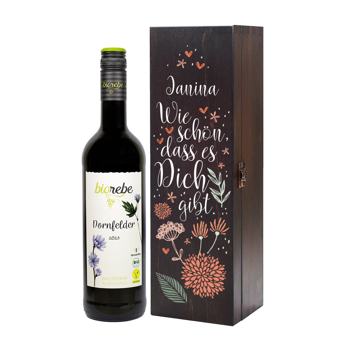 Geschenkset mit Biorebe Riesling 2024 und personalisierter Holzbox „Wie schön, dass es Dich gibt“ mit Blumenmuster.