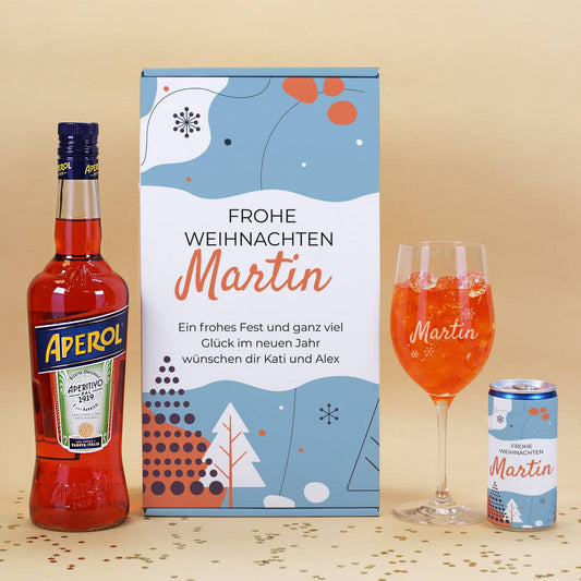 personalisiertes Aperol Geschenk mit Geschenkverpackung, graviertem Glas, einer Seccodose und Aperol