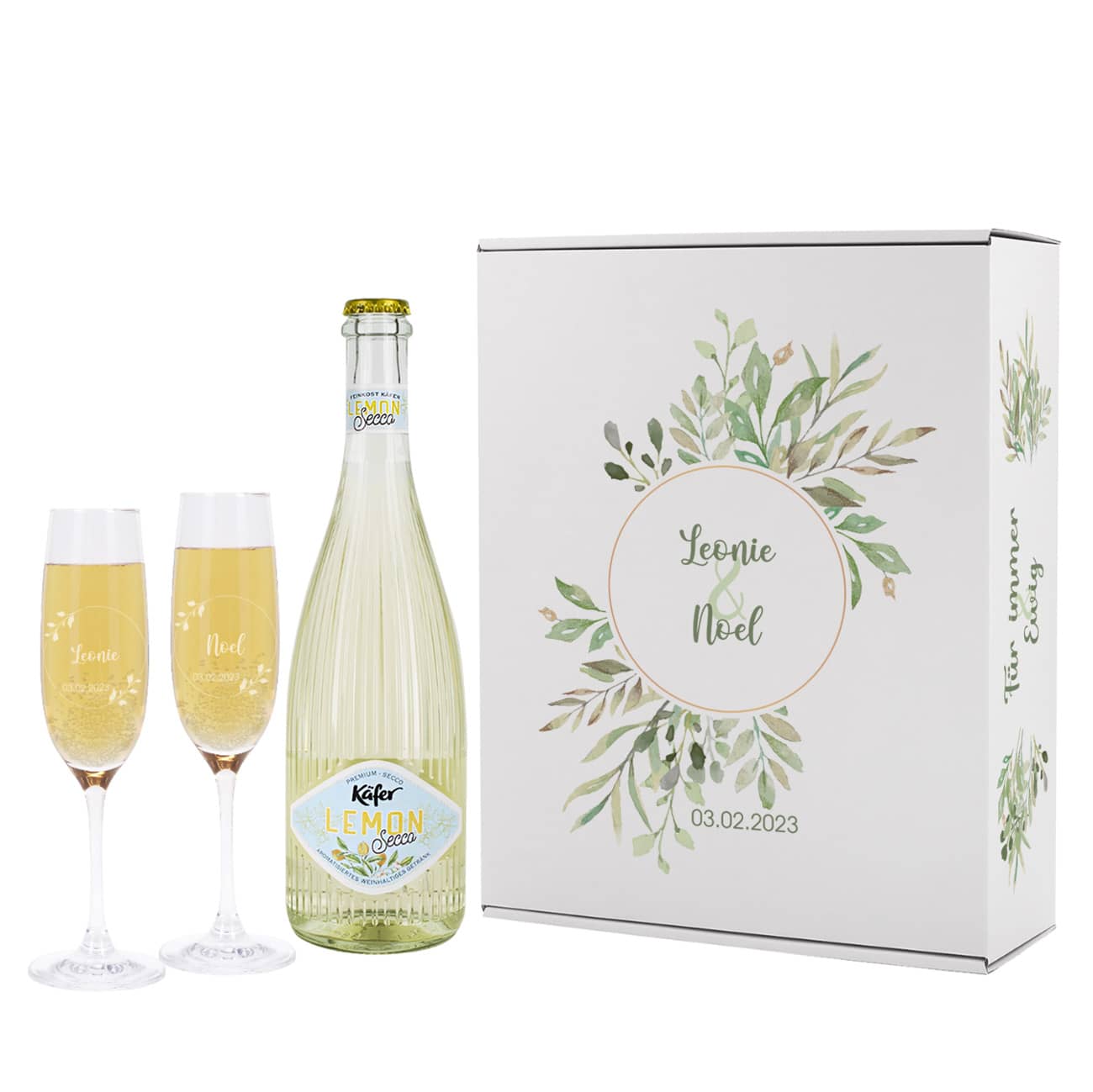 Hochzeitsgeschenkset mit zwei Sektgläsern, einer Fruchtsecco - Flasche Lemon und einer bedruckten Pappbox